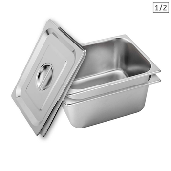 2X Gastronorm GN Pan Full Size 1/2 GN Pan 15cm Deep Stainless Steel With Lid image