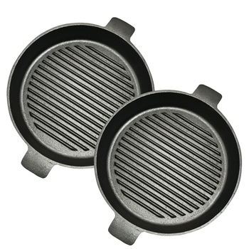 2X 26cm Round Ribbed Cast Iron Frying Pan Skillet Steak Sizzle Platter with Handle image