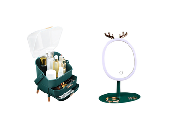 Green Cosmetic Jewelry Storage Organiser with Antler LED Light Mirror Tabletop Vanity Set image