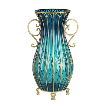 51cm Blue Glass Oval Floor Vase with Metal Flower Stand image