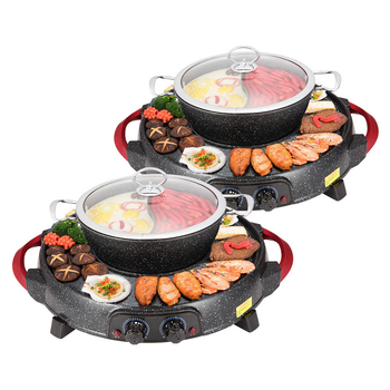 2X 2 in 1 Electric Stone Coated Grill Plate Steamboat Two Division Hotpot image