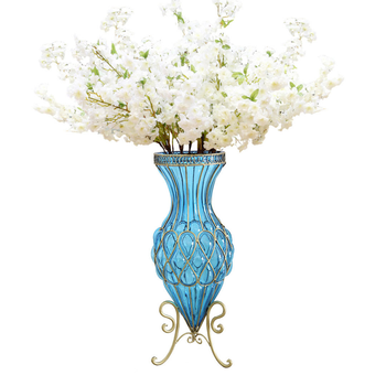 67cm Blue Glass Tall Floor Vase with 10pcs White Artificial Fake Flower Set image
