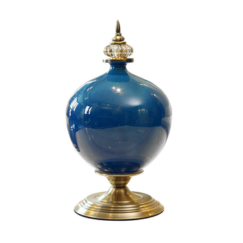 38.50cm Ceramic Oval Flower Vase with Gold Metal Base Dark Blue image