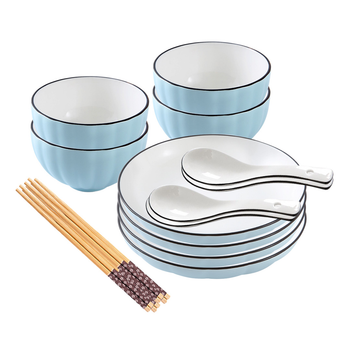 Blue Japanese Style Ceramic Dinnerware Crockery Soup Bowl Plate Server Kitchen Home Decor Set of 8 image