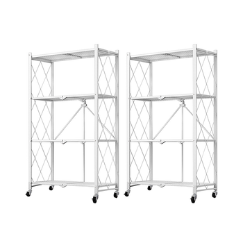 2X 4 Tier Steel White Foldable Kitchen Cart Multi-Functional Shelves Portable Storage Organizer with Wheels image