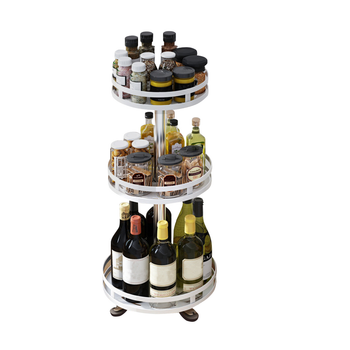 3 Tier Steel White Round Rotating Multi-Function Kitchen Portable Storage Spice Seasoning Kitchen Countertop Organiser Shelf image