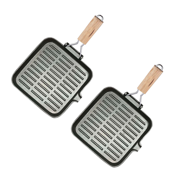 2X 24cm Ribbed Cast Iron Square Steak Frying Grill Skillet Pan with Folding Wooden Handle image