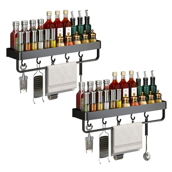 2X 52cm Black Wall-Mounted Rectangular Kitchen Spice Storage Organiser Space Saving Condiments Shelf Rack with Hooks image