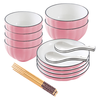 Pink Japanese Style Ceramic Dinnerware Crockery Soup Bowl Plate Server Kitchen Home Decor Set of 10 image