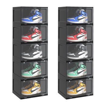 2X 5 Tier Black Portable Shoe Organiser Sneaker Footwear Folding Plastic Bin Stackable Storage Box with Magnetic Door image