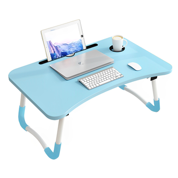 Blue Portable Bed Table Adjustable Foldable Bed Sofa Study Table Laptop Mini Desk with Notebook Stand Cup Slot Home Decor image