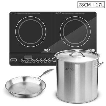 Dual Burners Cooktop Stove, 17L Stainless Steel Stockpot and 28cm Induction Fry Pan image