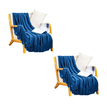 2X Royal Blue Diamond Pattern Knitted Throw Blanket Warm Cozy Woven Cover Couch Bed Sofa Home Decor with Tassels image