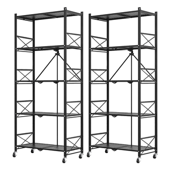 2X 5 Tier Steel Black Foldable Display Stand Multi-Functional Shelves Portable Storage Organizer with Wheels image