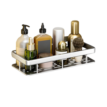 Silver Wall-Mounted Rectangular Bathroom Storage Organiser Space Saving Adhesive Shelf Rack image