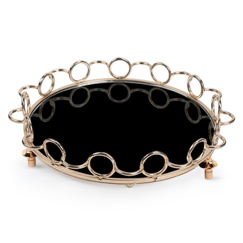 38cm Black-Colored Round Mirror Glass Metal Tray Vanity Makeup Perfume Jewelry Organiser with Bronze Metal Frame Handles image