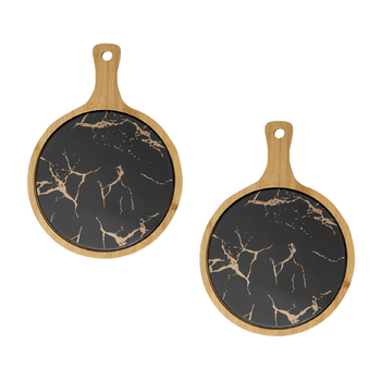 2X 30cm Black Circle Wooden Serving Tray Slate Steak Serving Platter Chopping Board Paddle Home Decor image