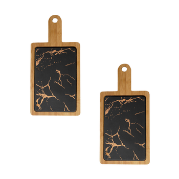 2X 33.5cm Black Square Wooden Serving Tray Slate Steak Serving Platter Chopping Board Paddle Home Decor image
