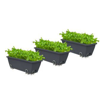 49.5cm Black Rectangular Planter Vegetable Herb Flower Outdoor Plastic Box with Holder Balcony Garden Decor Set of 3 image