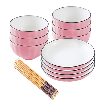 Pink Japanese Style Ceramic Dinnerware Crockery Soup Bowl Plate Server Kitchen Home Decor Set of 10 image