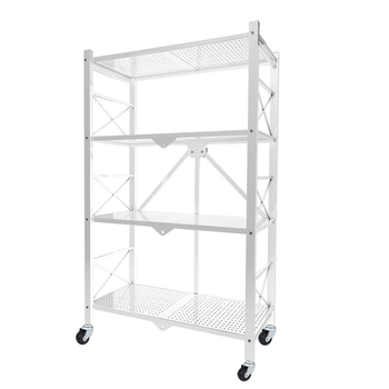 4 Tier Steel White Foldable Display Stand Multi-Functional Shelves Portable Storage Organizer with Wheels image