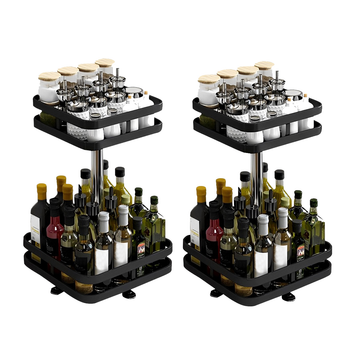 2X 2 Tier Steel Black Square Rotating Multi-Function Kitchen Portable Storage Spice Seasoning Kitchen Countertop Organiser Shelf image