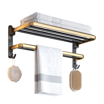62cm Wall-Mounted Double Pole Towel Holder Bathroom Organiser Rail Hanger with Hooks image