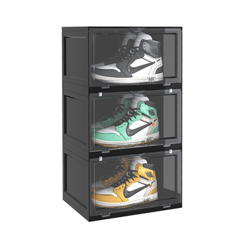 3 Tier Black Portable Shoe Organiser Sneaker Footwear Folding Plastic Bin Stackable Storage Box with Magnet Doors image