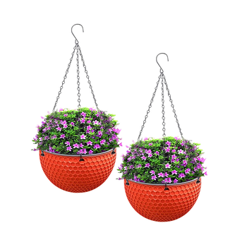 2X Red Small Hanging Resin Flower Pot Self Watering Basket Planter Outdoor Garden Decor image