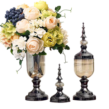 2X Clear Glass Flower Vase with Lid and White Flower Filler Vase Black Set image