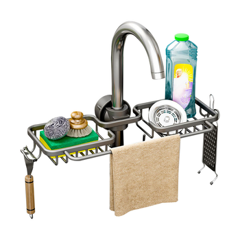 Dark Grey Kitchen Sink Organiser Faucet Soap Sponge Caddy Rack Drainer with Towel Bar Holder image