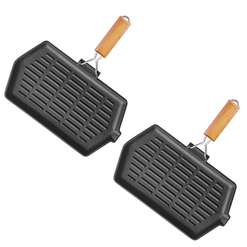 2X Rectangular Cast Iron Griddle Grill Frying Pan with Folding Wooden Handle image