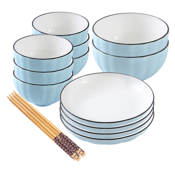 Blue Japanese Style Ceramic Dinnerware Crockery Soup Bowl Plate Server Kitchen Home Decor Set of 12 image