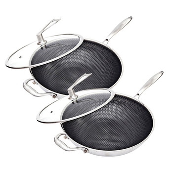 2X 34cm Stainless Steel Tri-Ply Frying Cooking Fry Pan Textured Non Stick Skillet with Glass Lid and Helper Handle image