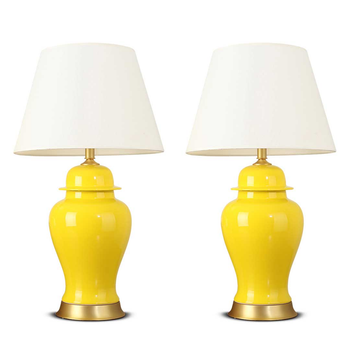 2X Oval Ceramic Table Lamp with Gold Metal Base Desk Lamp Yellow image
