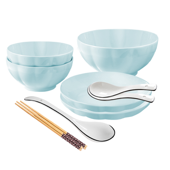 Light Blue Japanese Style Ceramic Dinnerware Crockery Soup Bowl Plate Server Kitchen Home Decor Set of 5 image
