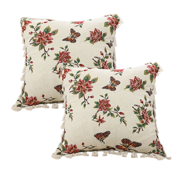 2X 45cm Creamy White French Vintage Butterfly Loves Flowers Tassel Throw Pillow image