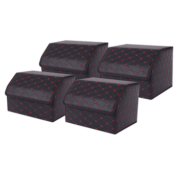 4X Leather Car Boot Collapsible Foldable Trunk Cargo Organizer Portable Storage Box Black/Red Stitch Medium image