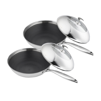 2X 18/10 Stainless Steel Fry Pan 30cm Frying Pan Top Grade Cooking Non Stick Interior Skillet with Lid image