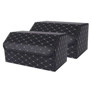 2X Leather Car Boot Collapsible Foldable Trunk Cargo Organizer Portable Storage Box Black/Gold Stitch Large image