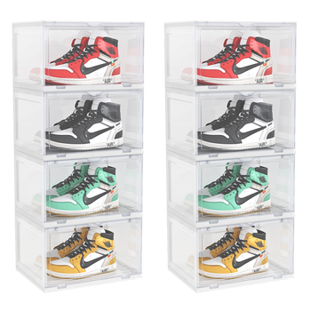 2X 4 Tier Transparent Portable Shoe Organiser Sneaker Footwear Folding Plastic Bin Stackable Storage Box with Magnetic Door image