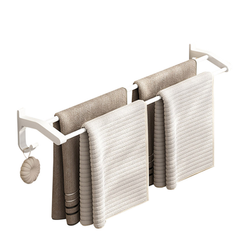 62cm White Wall-Mounted Double Pole Towel Holder Bathroom Organiser Rail Hanger with Hooks image