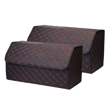 2X Leather Car Boot Collapsible Foldable Trunk Cargo Organizer Portable Storage Box Black/Red Stitch Large image