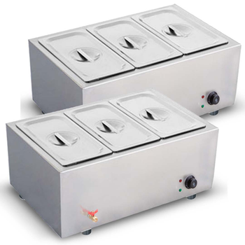 2X Stainless Steel 3 X 1/2 GN Pan Electric Bain-Marie Food Warmer with Lid image