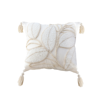 45cm Wabi-sabi Cream Flower Cover & Beige Velvet Leaf Ring Square Throw Pillow image