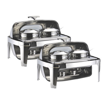 2X 6.5L Stainless Steel Double Soup Tureen Bowl Station Roll Top Buffet Chafing Dish Catering Chafer Food Warmer Server image