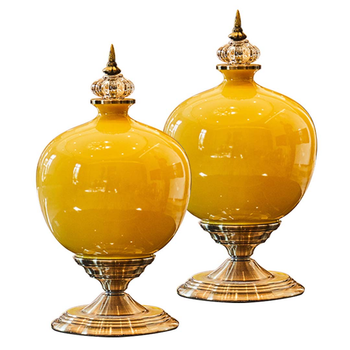 2X 38cm Ceramic Oval Flower Vase with Gold Metal Base Yellow image