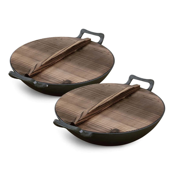 2X 36CM Commercial Cast Iron Wok FryPan with Wooden Lid Fry Pan image