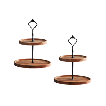 2X 20cm 2 Tier Brown Round Wooden Acacia Dessert Tray Cake Snacks Cupcake Stand Buffet Serving Countertop Decor image