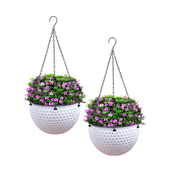 2X White Small Hanging Resin Flower Pot Self Watering Basket Planter Outdoor Garden Decor image
